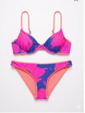 Maaji Pink, Blue & Coral Printed Underwire Bikini Reversible Set Two Piece Small